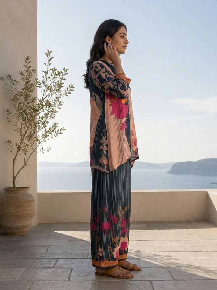 Navy Blue Ethnic Printed Crepe Two Piece Set