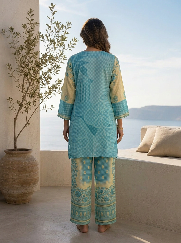 Cream And Sky Blue Beads Embroidered And Floral Printed Crepe Two Piece Set