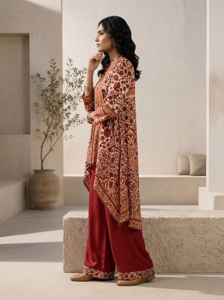 Maroon Crepe Floral Printed Two Piece Set