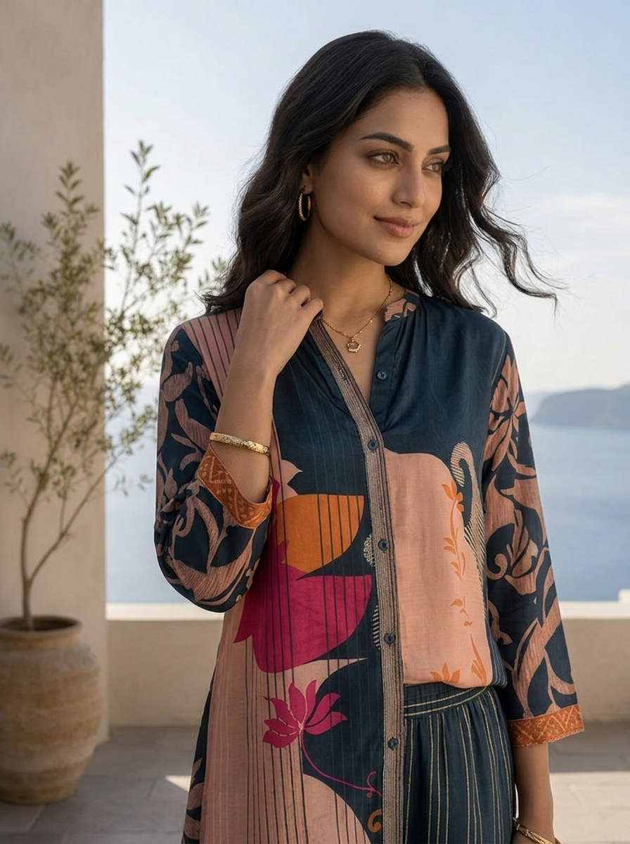 Navy Blue Ethnic Printed Crepe Two Piece Set