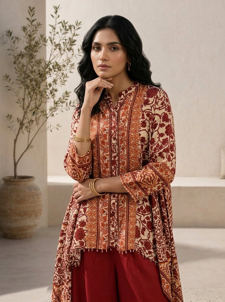 Maroon Crepe Floral Printed Two Piece Set