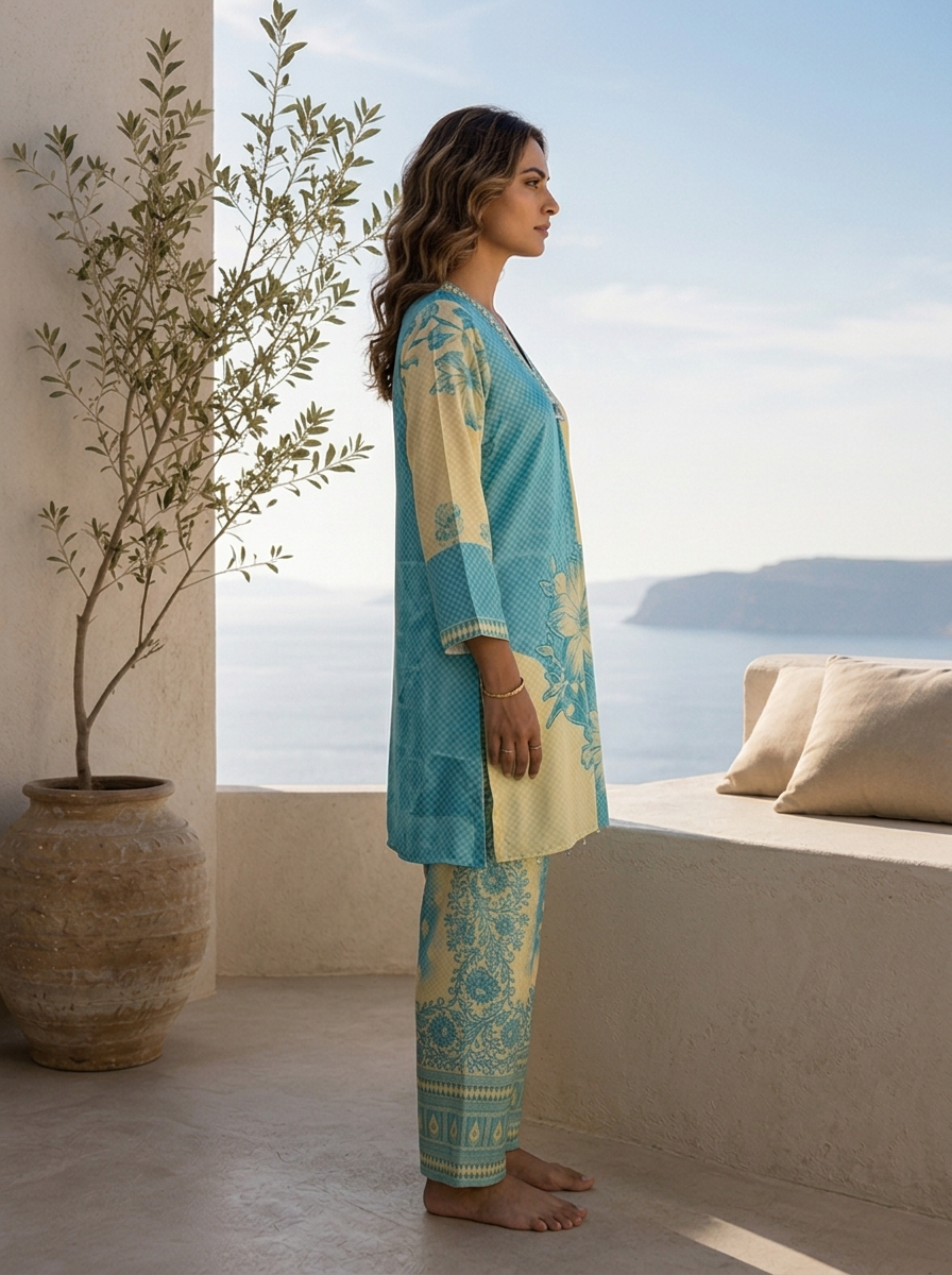 Cream And Sky Blue Beads Embroidered And Floral Printed Crepe Two Piece Set