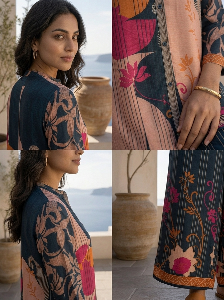Navy Blue Ethnic Printed Crepe Two Piece Set