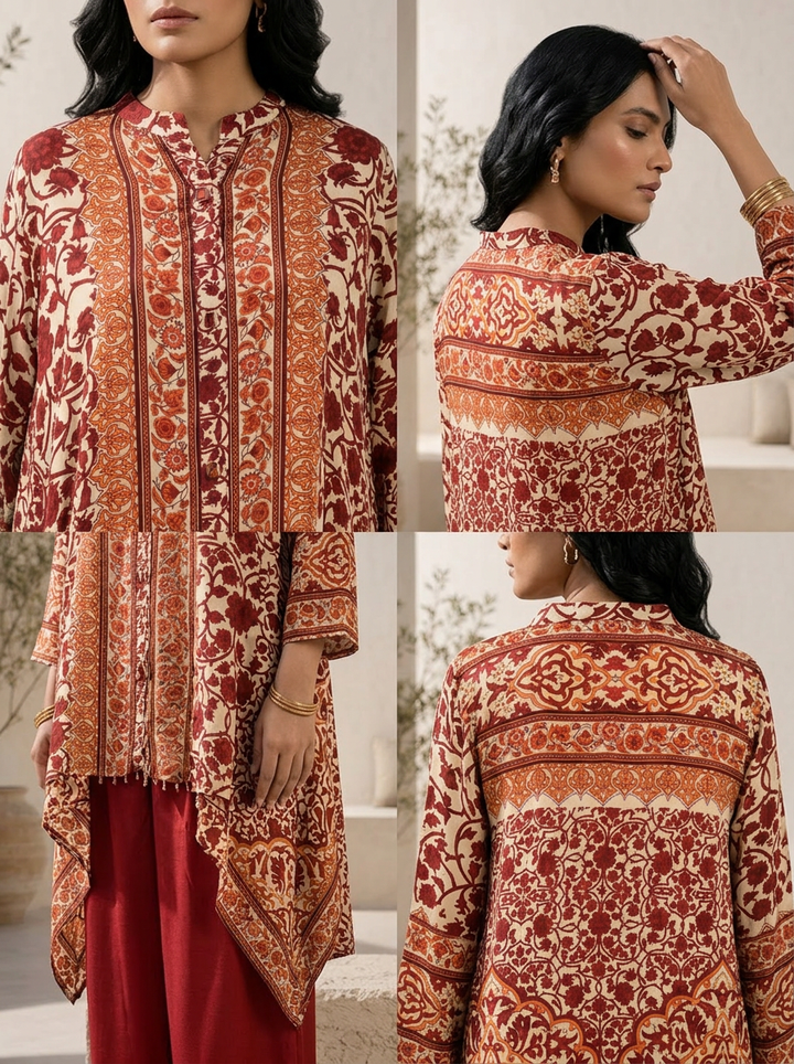 Maroon Crepe Floral Printed Two Piece Set