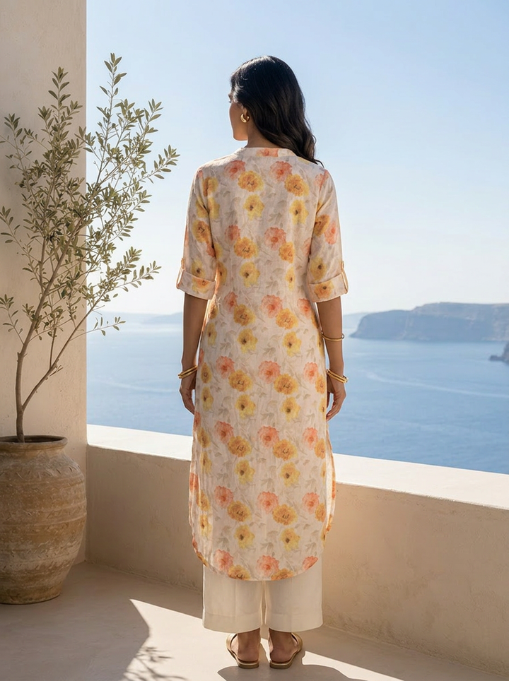 Cream And Lime Yellow Floral Linen Printed Kurta
