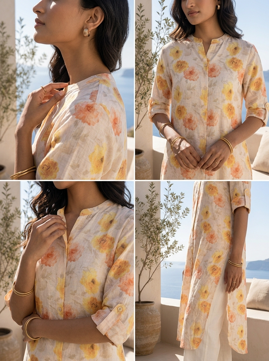 Cream And Lime Yellow Floral Linen Printed Kurta