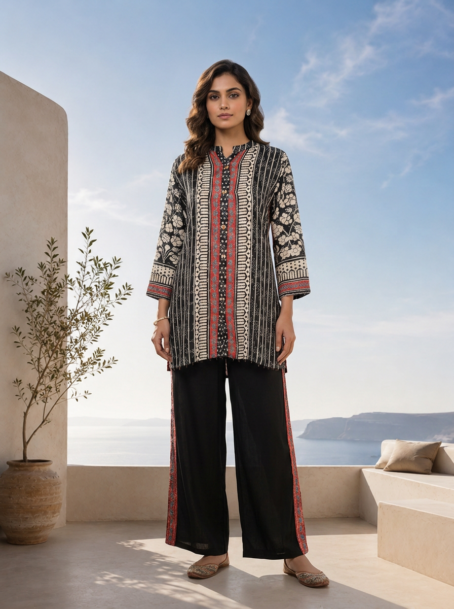 Black Crepe Stripe Printed Two Piece Set