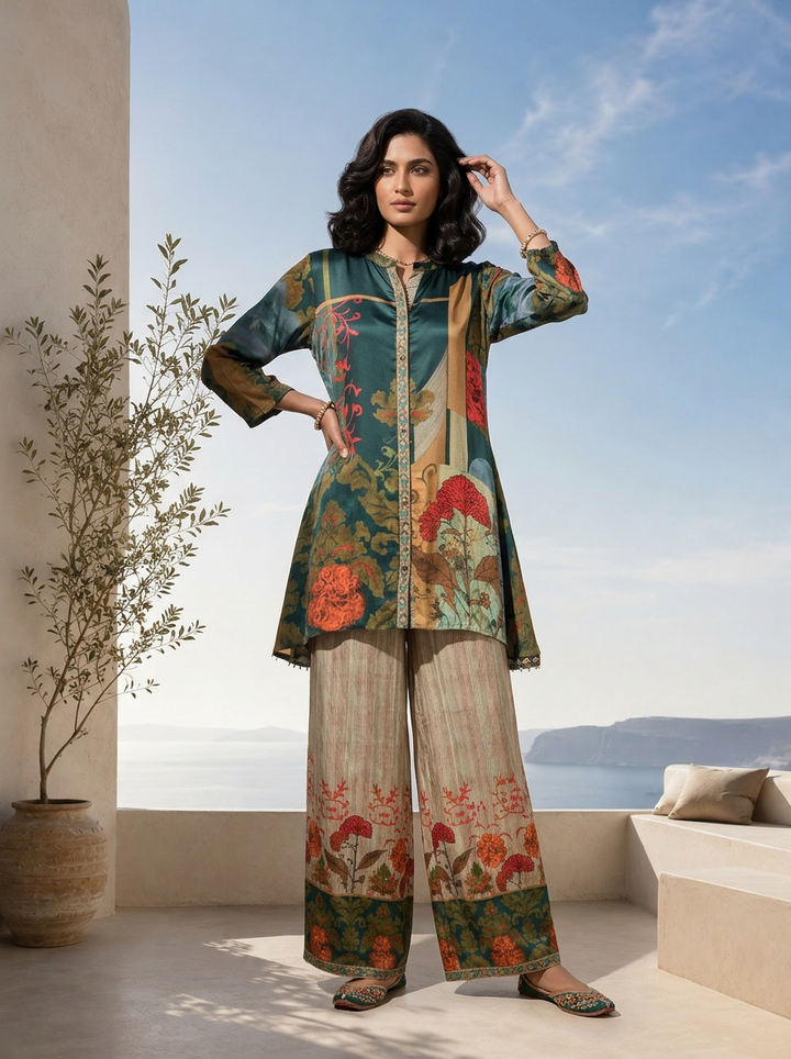 Bottle Green And Beige Floral Printed Crepe Two Piece Set
