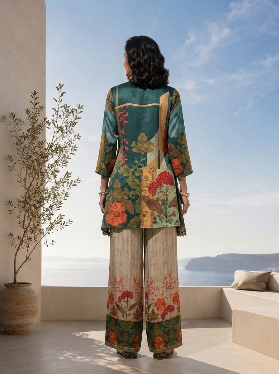 Bottle Green And Beige Floral Printed Crepe Two Piece Set