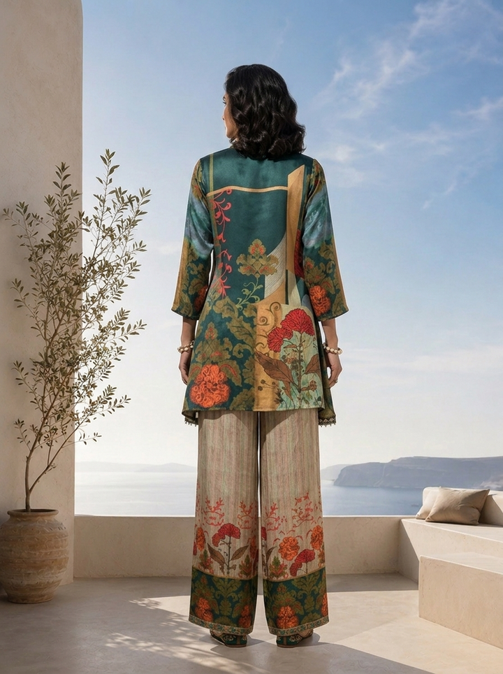 Bottle Green And Beige Floral Printed Crepe Two Piece Set