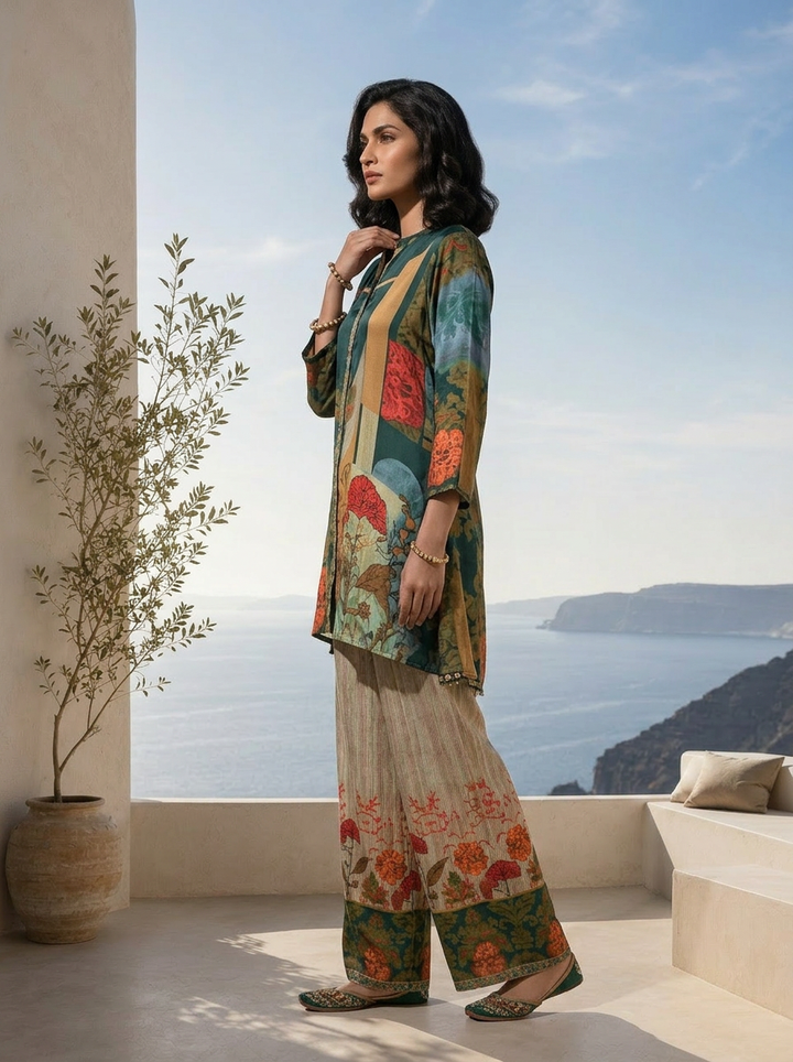 Bottle Green And Beige Floral Printed Crepe Two Piece Set