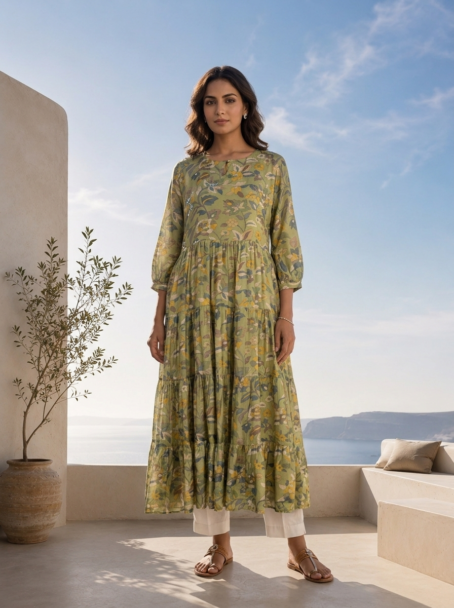 Green Muslin Hand Embroidered And Printed Long Dress