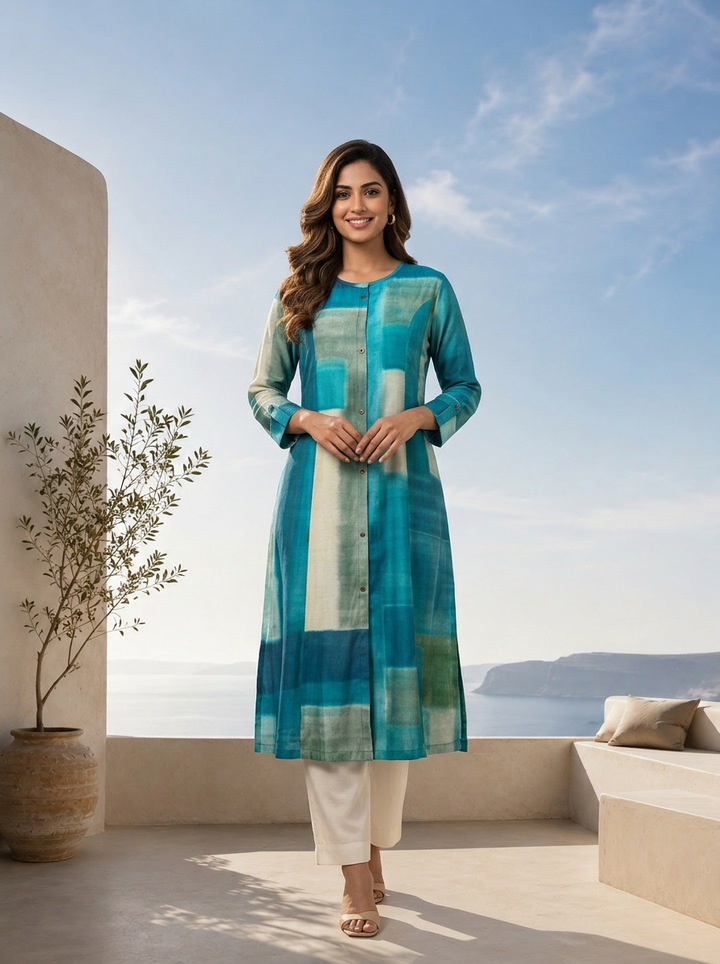 Rama Color Block Printed Silk A-Line Kurta
