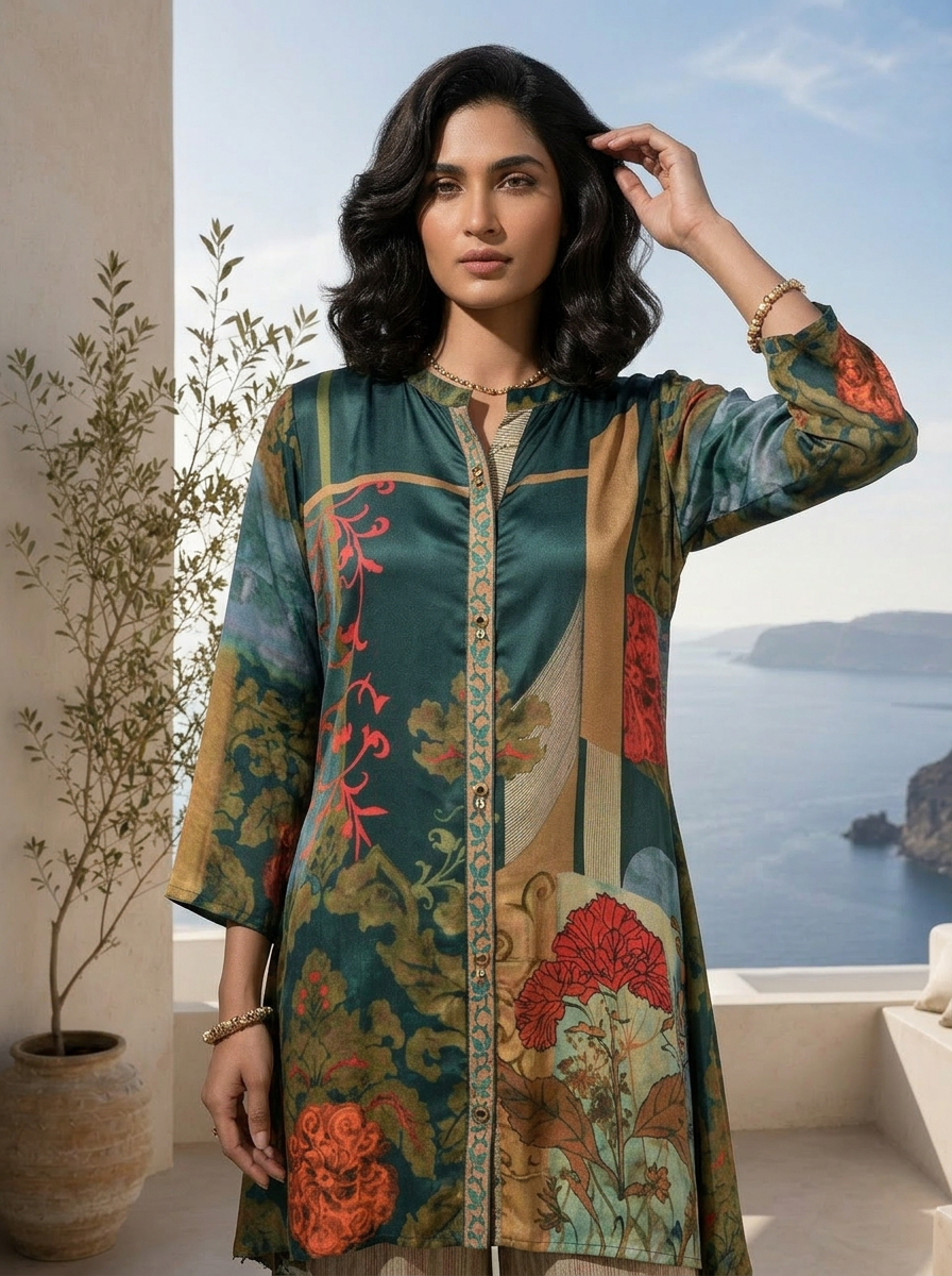Bottle Green And Beige Floral Printed Crepe Two Piece Set