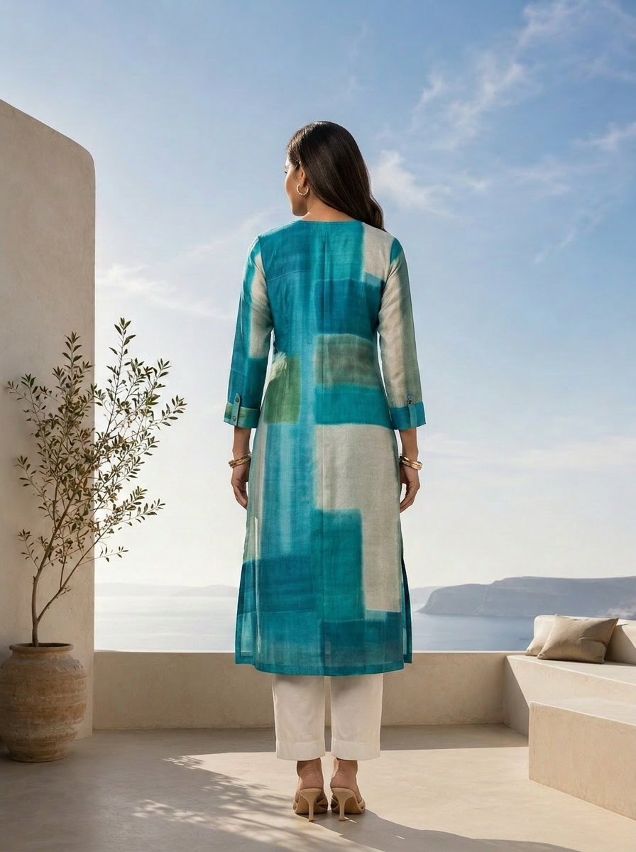 Rama Color Block Printed Silk A-Line Kurta