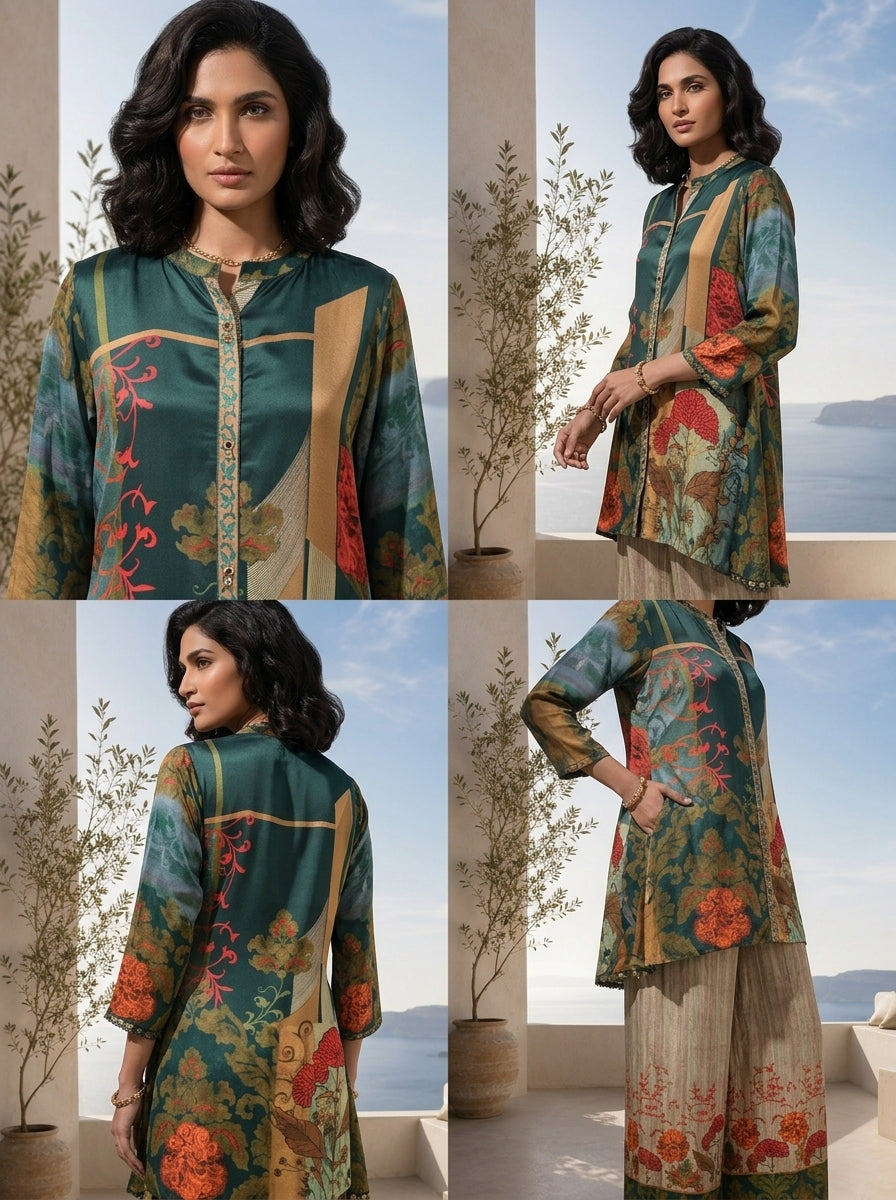 Bottle Green And Beige Floral Printed Crepe Two Piece Set