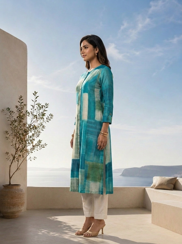 Rama Color Block Printed Silk A-Line Kurta