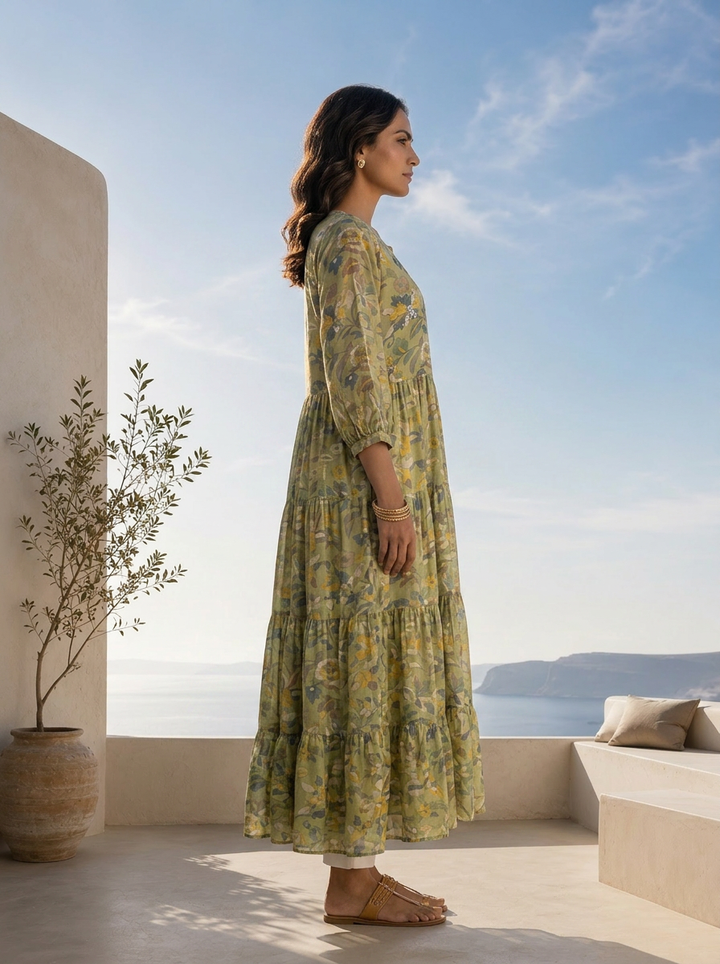 Green Muslin Hand Embroidered And Printed Long Dress
