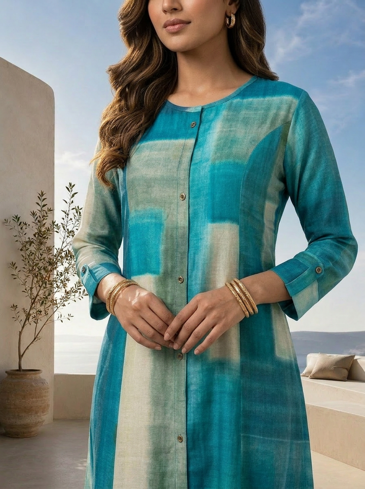 Rama Color Block Printed Silk A-Line Kurta