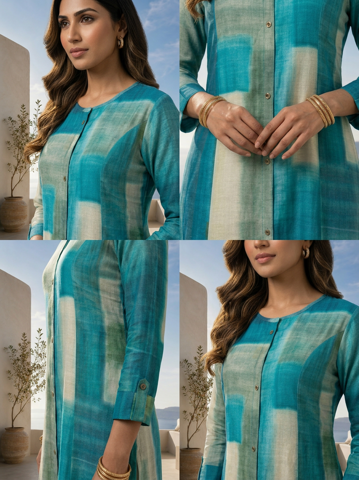 Rama Color Block Printed Silk A-Line Kurta
