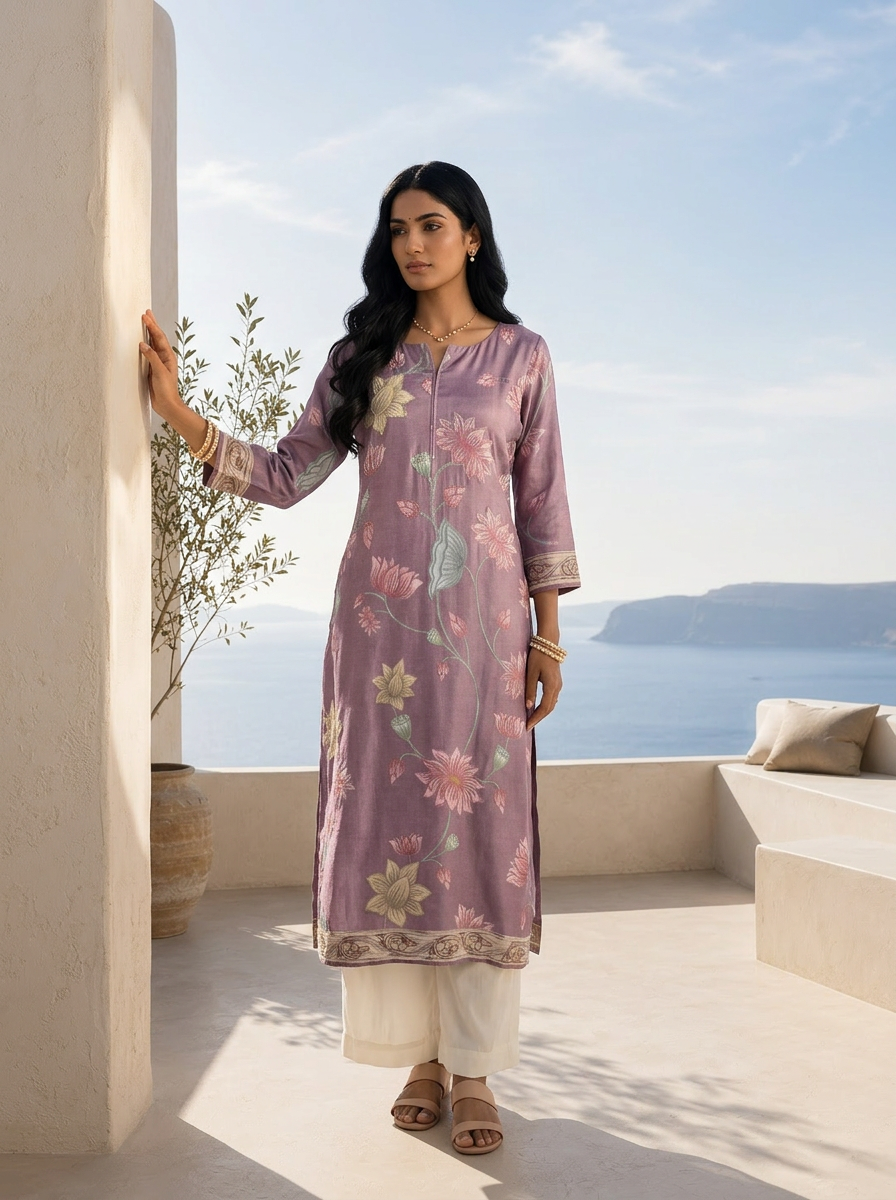 Lavender Silk Floral Printed And Sequins Embroidery Kurta