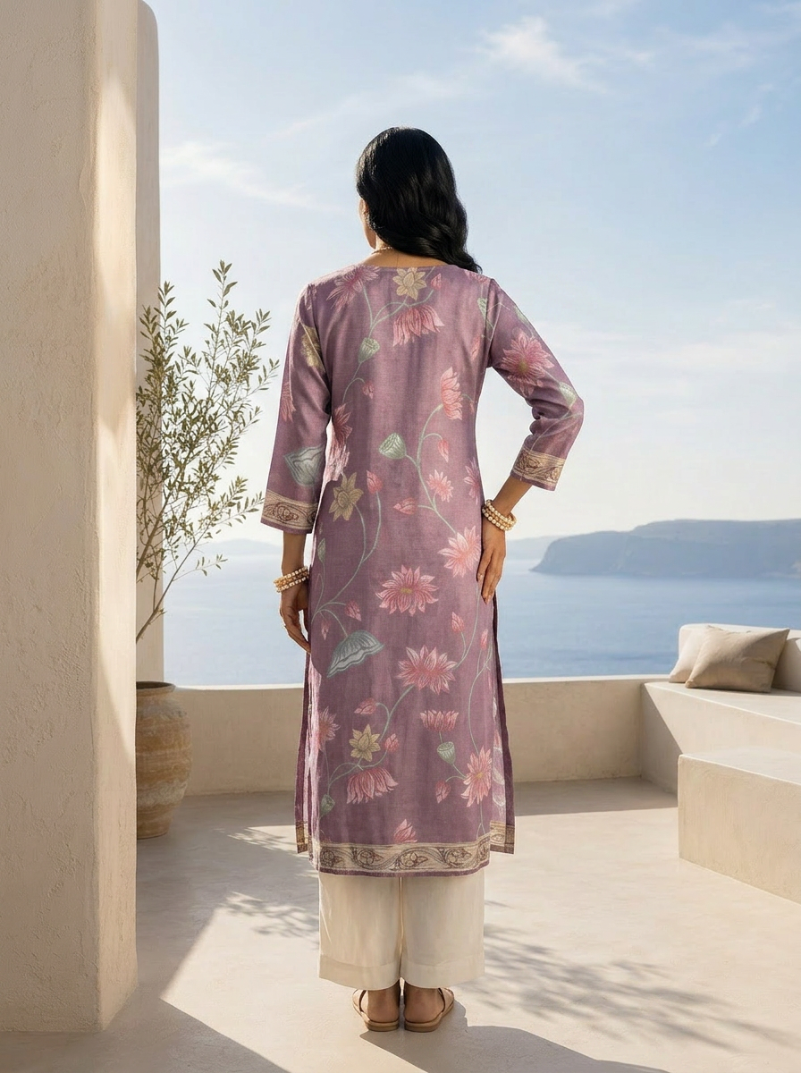 Lavender Silk Floral Printed And Sequins Embroidery Kurta