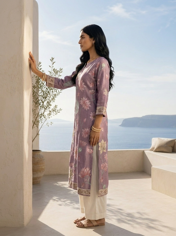 Lavender Silk Floral Printed And Sequins Embroidery Kurta