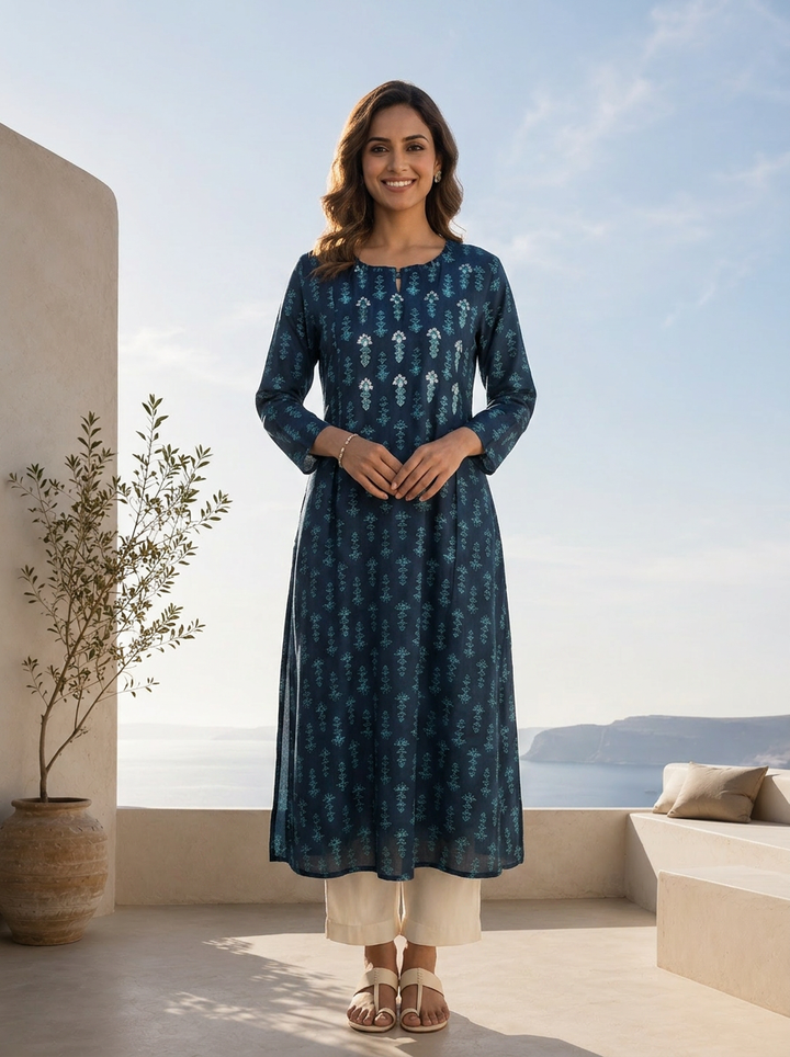 Navy Blue Silk Ethnic Motifs Printed A-Line Kurta