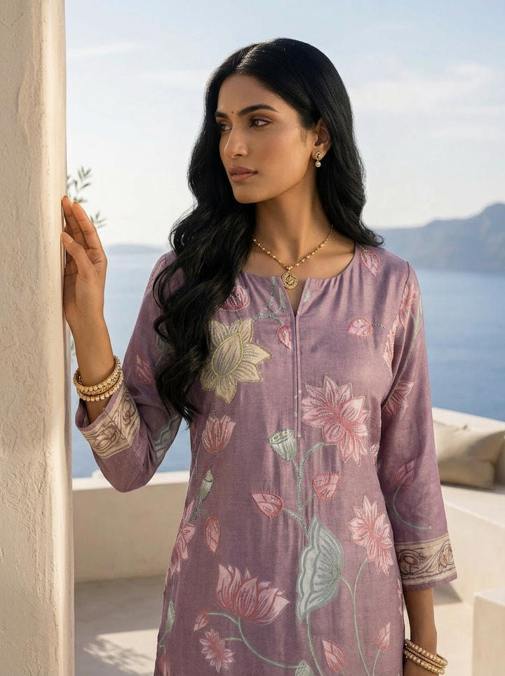 Lavender Silk Floral Printed And Sequins Embroidery Kurta