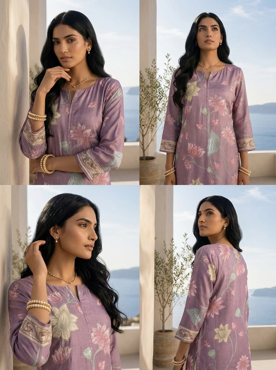 Lavender Silk Floral Printed And Sequins Embroidery Kurta