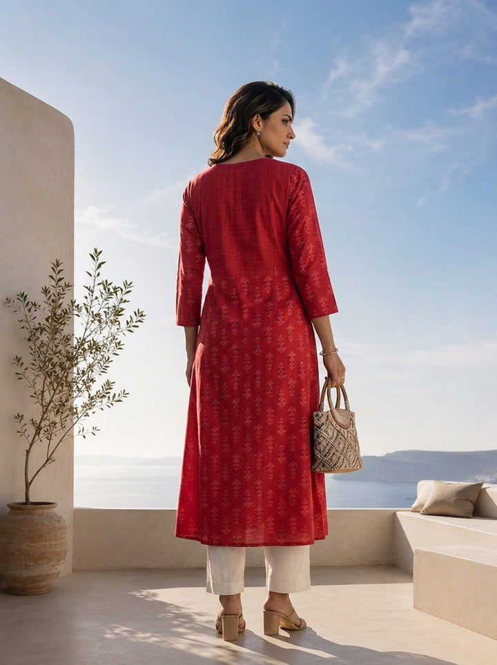Maroon Silk Ethnic Motifs Printed A-Line Kurta