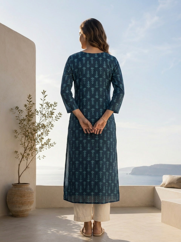 Navy Blue Silk Ethnic Motifs Printed A-Line Kurta