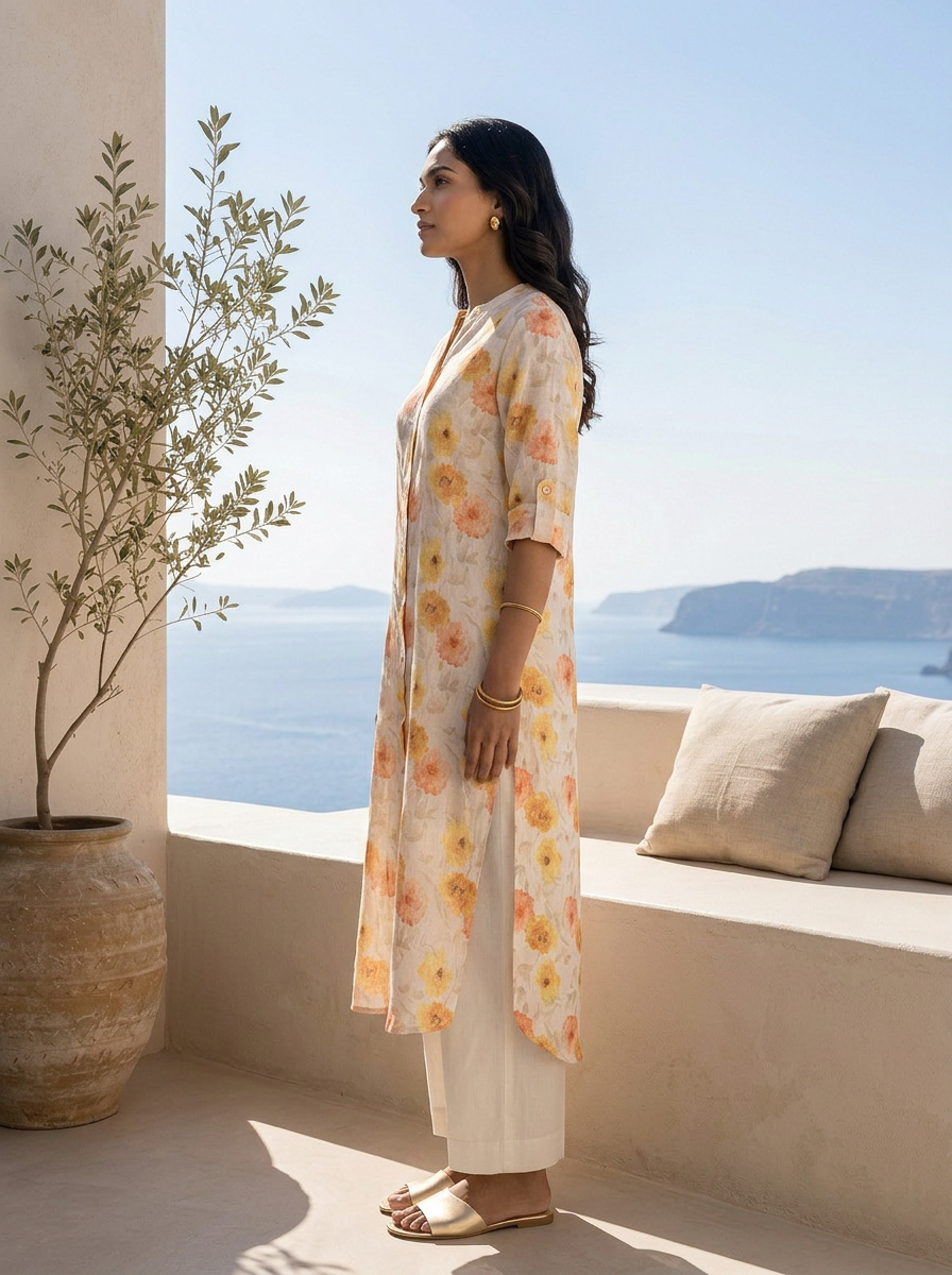 Cream And Lime Yellow Floral Linen Printed Kurta