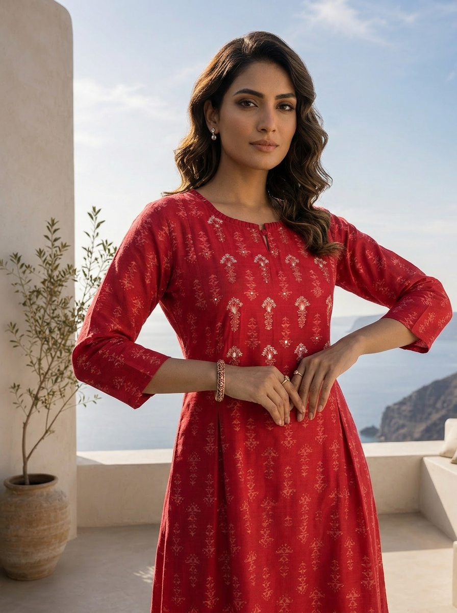 Maroon Silk Ethnic Motifs Printed A-Line Kurta