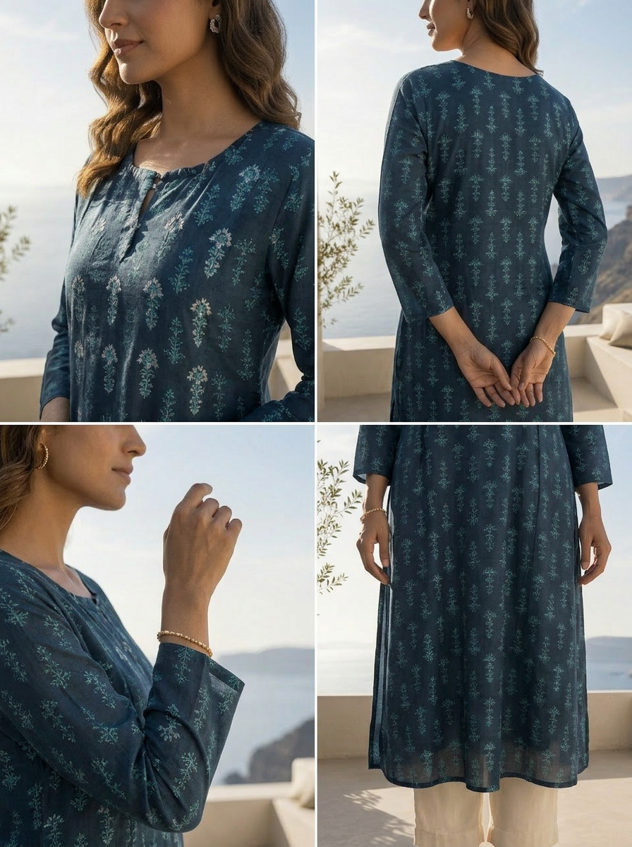 Navy Blue Silk Ethnic Motifs Printed A-Line Kurta