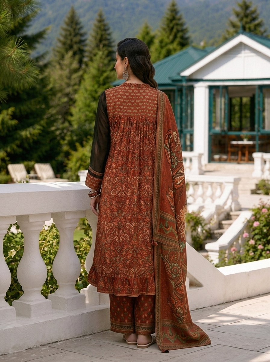 Maroon Georgette Ethnic Motif Printed Three Piece Set