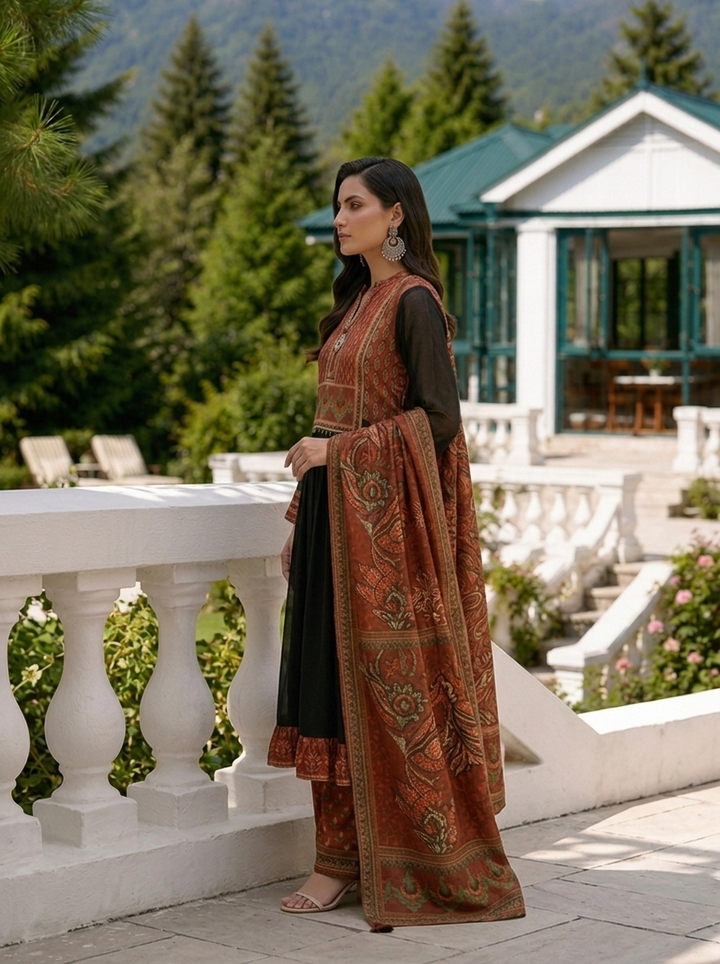 Maroon Georgette Ethnic Motif Printed Three Piece Set