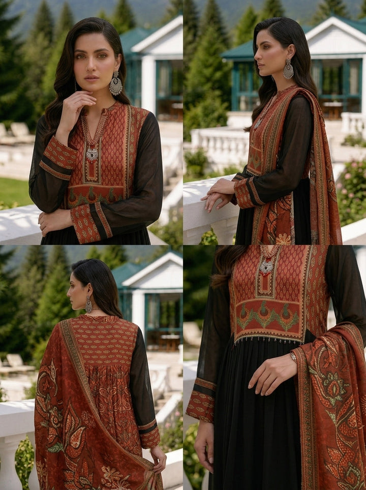 Maroon Georgette Ethnic Motif Printed Three Piece Set