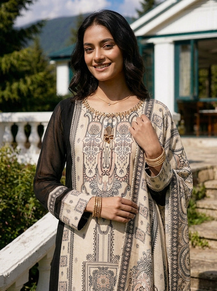 Cream Georgette Mughal Printed Three Piece Set