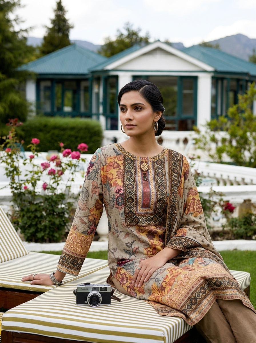 Grey Muslin Floral Printed Three Piece Set