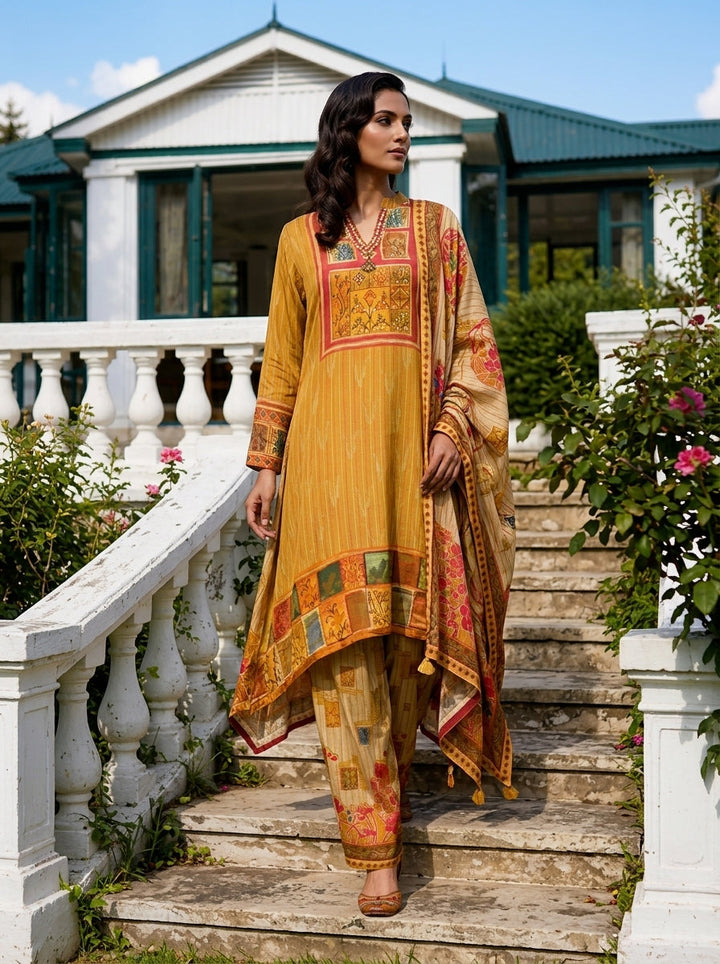 Mustard Crepe Multi Color Block Printed Three Piece Set