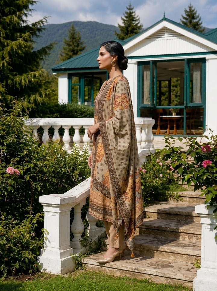 Grey Muslin Floral Printed Three Piece Set