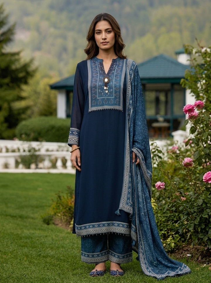 Navy Blue Georgette Floral Printed Three Piece Set