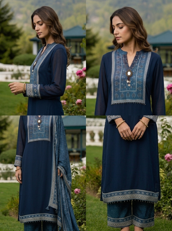 Navy Blue Georgette Floral Printed Three Piece Set