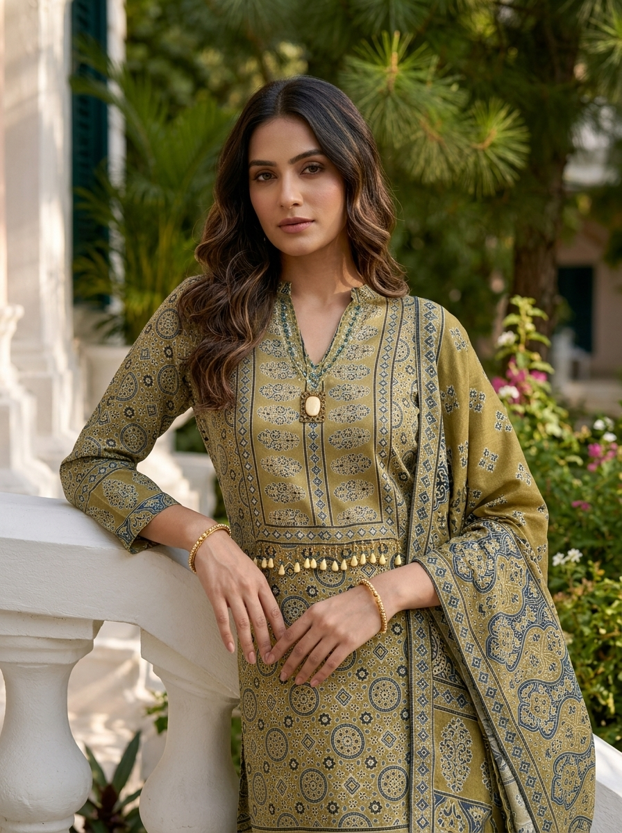 Green Muslin Ajrakh Printed Three Piece Set