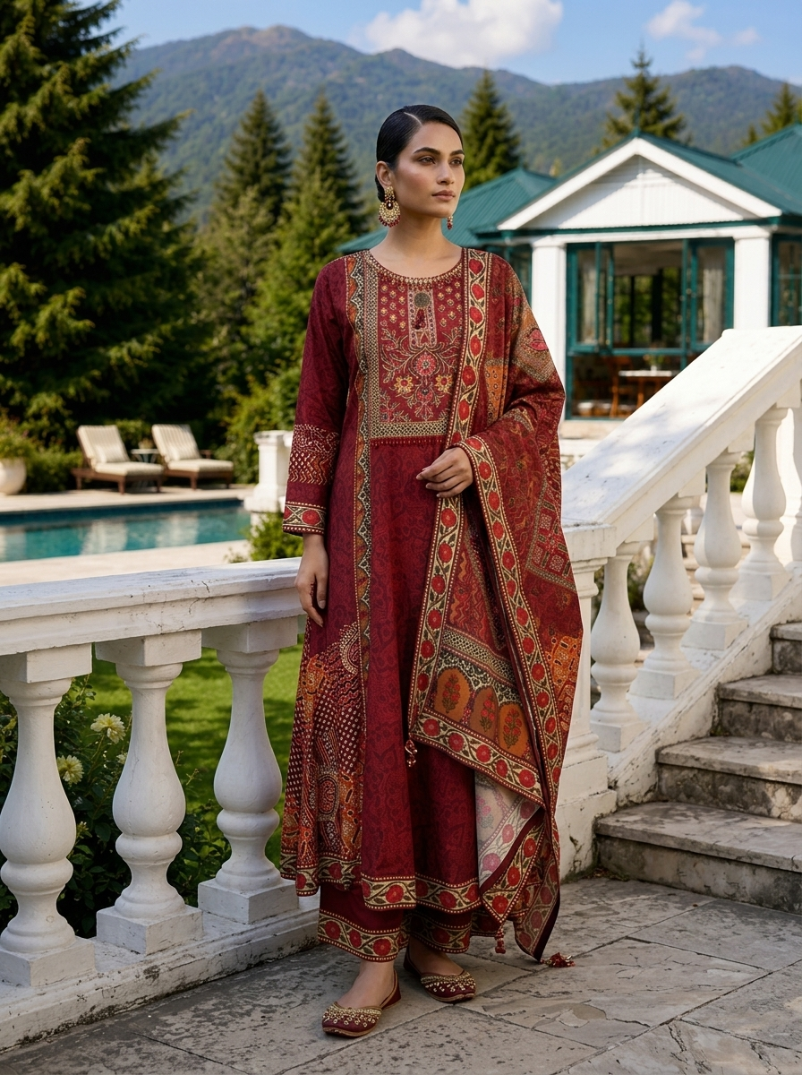 Wine Crepe Ethnic Motif Printed Three Piece Set