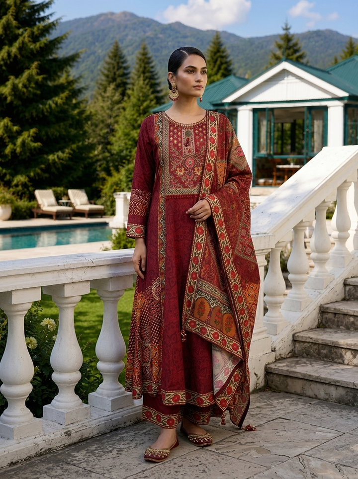 Wine Crepe Ethnic Motif Printed Three Piece Set