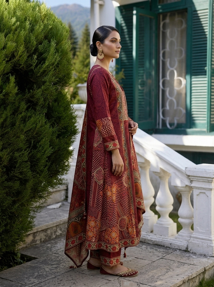Wine Crepe Ethnic Motif Printed Three Piece Set