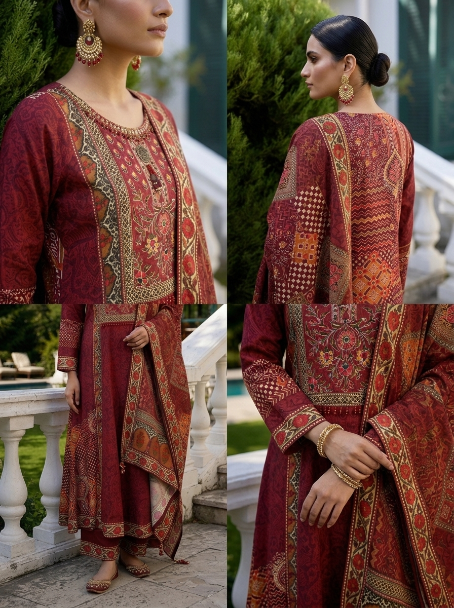 Wine Crepe Ethnic Motif Printed Three Piece Set
