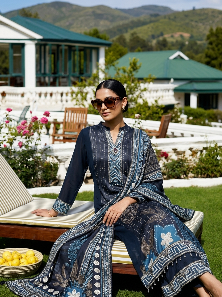 Navy Blue Georgette Paisley Motif Three Piece Set